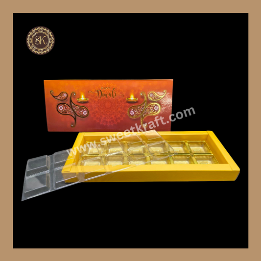 12 Cavity Diwali Box | Mithai Box | Happy Diwali | Golden Cavity Box | Chocolate Box | Gift Box | Yellow Colour - (With Cavity & Lid Cover)
