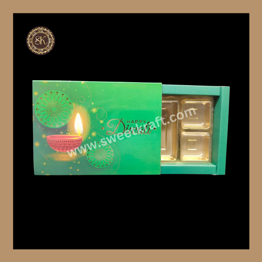 6 DC Diwali Box | Mithai Box | Happy Diwali | Golden Cavity Box | Chocolate Box | Gift Box | Green Colour - (With Cavity & Lid Cover)