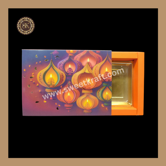 6 Partition Diwali Box | Mithai Box | Happy Diwali | Golden Cavity Box | Chocolate Box | Gift Box | Orange Colour - (With Cavity & Lid Cover)