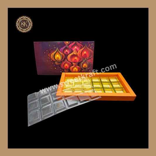 18 Cavity Diwali Box | Mithai Box | Happy Diwali | Golden Cavity Box | Chocolate Box | Gift Box | Orange Colour - (With Cavity & Lid Cover)