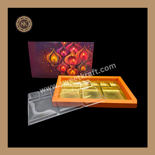 18 DC Diwali Box | Mithai Box | Happy Diwali | Golden Cavity Box | Chocolate Box | Gift Box | Orange Colour - (With Cavity & Lid Cover)