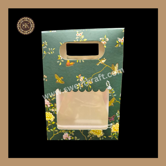 1 Flower Print Window Jar Bag With Handle | Jar Bag | Chocolate Bag | Cookie Bag | Gifting Bag | Green Colour