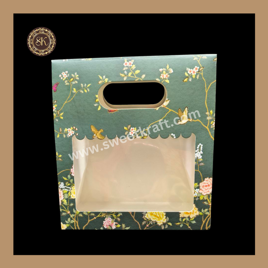 2 Flower Print Window Jar Bag With Handle | Jar Bag | Chocolate Bag | Cookie Bag | Gifting Bag | Green Colour