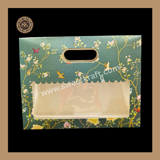 3 Flower Print Window Jar Bag With Handle | Jar Bag | Chocolate Bag | Cookie Bag | Gifting Bag | Green Colour