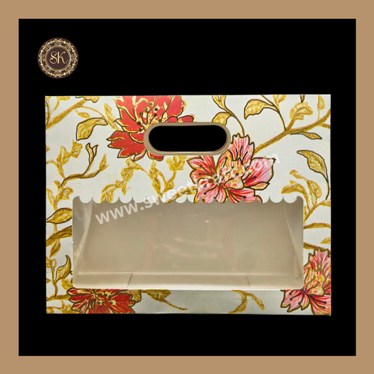 3 Flower Print Window Jar Bag With Handle | Jar Bag | Chocolate Bag | Cookie Bag | Gifting Bag | White Colour