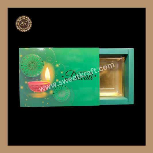 6 Partition Diwali Box | Mithai Box | Happy Diwali | Golden Cavity Box | Chocolate Box | Gift Box | Green Colour - (With Cavity & Lid Cover)
