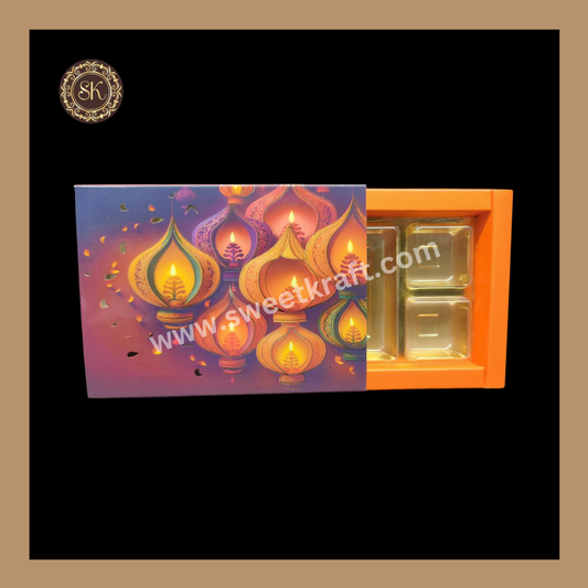 6 DC Diwali Box | Mithai Box | Happy Diwali | Golden Cavity Box | Chocolate Box | Gift Box | Orange Colour - (With Cavity & Lid Cover)