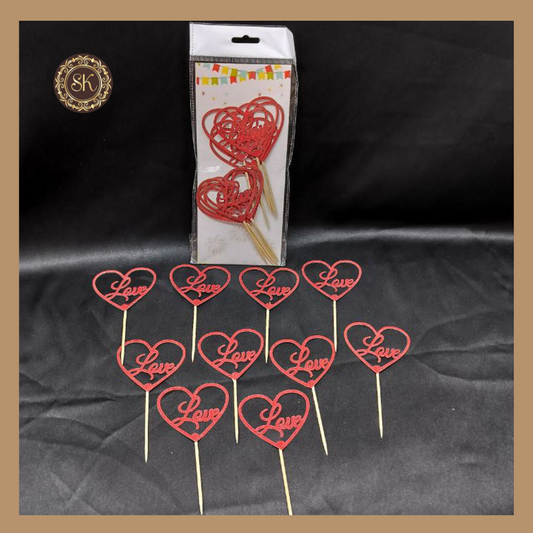 Glitter Toothpick Toppers | Heart | Love | Cake Toppers | Paper Cake Topper | Cake Toppers | Pack of 10 Pieces - Red Colour Sweetkraft | Baking supplies