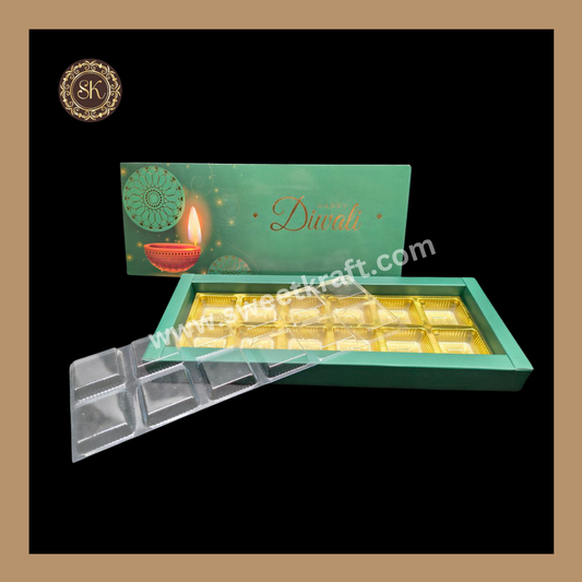 12 Cavity Diwali Box | Mithai Box | Happy Diwali | Golden Cavity Box | Chocolate Box | Gift Box | Green Colour - (With Cavity & Lid Cover)