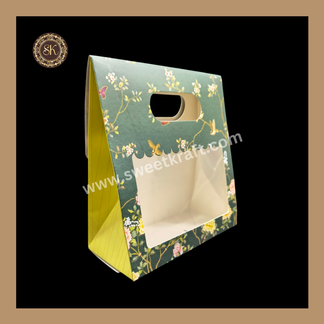 2 Flower Print Window Jar Bag With Handle | Jar Bag | Chocolate Bag | Cookie Bag | Gifting Bag | Green Colour
