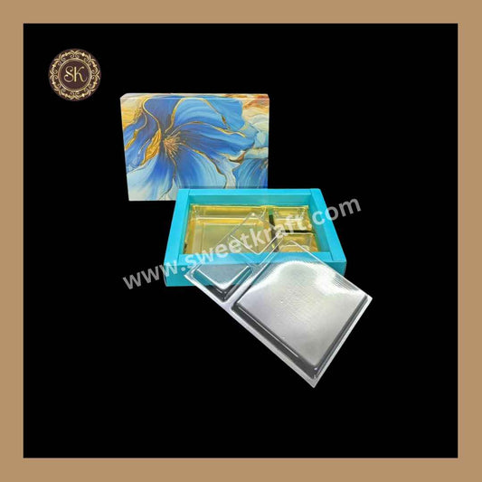 6 DC Floral Print Box | 6 Cavity Box | Chocolate Box | Gift Box | Mithai Box | Blue - (With Cavity & Lid Cover)