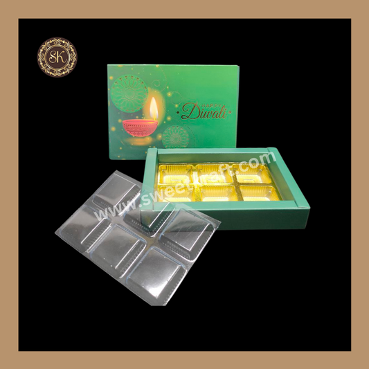6 Cavity Diwali Box | Mithai Box | Happy Diwali | Golden Cavity Box | Chocolate Box | Gift Box | Green Colour - (With Cavity & Lid Cover)