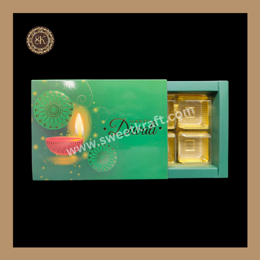 6 Cavity Diwali Box | Mithai Box | Happy Diwali | Golden Cavity Box | Chocolate Box | Gift Box | Green Colour - (With Cavity & Lid Cover)