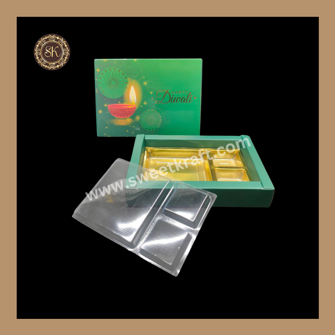 6 DC Diwali Box | Mithai Box | Happy Diwali | Golden Cavity Box | Chocolate Box | Gift Box | Green Colour - (With Cavity & Lid Cover)