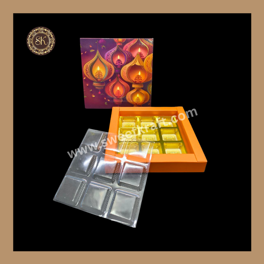 9 Cavity Diwali Box | Mithai Box | Happy Diwali | Golden Cavity Box | Chocolate Box | Gift Box | Orange Colour - (With Cavity & Lid Cover)