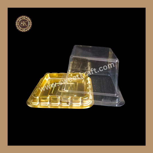 Mini Square PVC Pastry Container | Square Dome Pastry Box | Golden- With Lid (MDC-05) Sweetkraft | Baking supplies