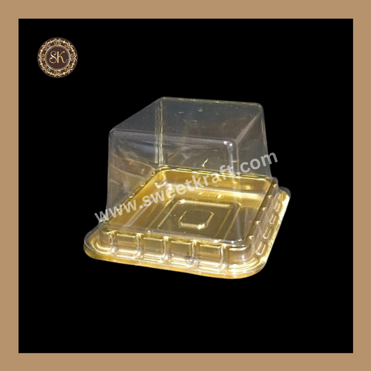 Mini Square PVC Pastry Container | Square Dome Pastry Box | Golden- With Lid (MDC-05) Sweetkraft | Baking supplies