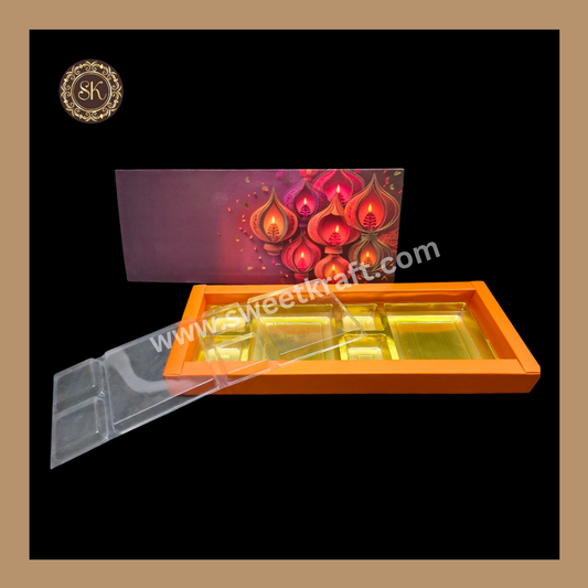 12 DC Diwali Box | Mithai Box | Happy Diwali | Golden Cavity Box | Chocolate Box | Gift Box | Orange Colour - (With Cavity & Lid Cover)