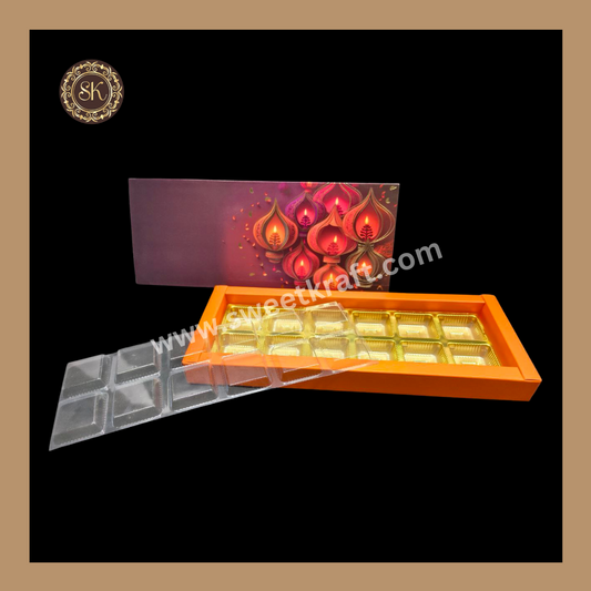 12 Cavity Diwali Box | Mithai Box | Happy Diwali | Golden Cavity Box | Chocolate Box | Gift Box | Orange Colour - (With Cavity & Lid Cover)