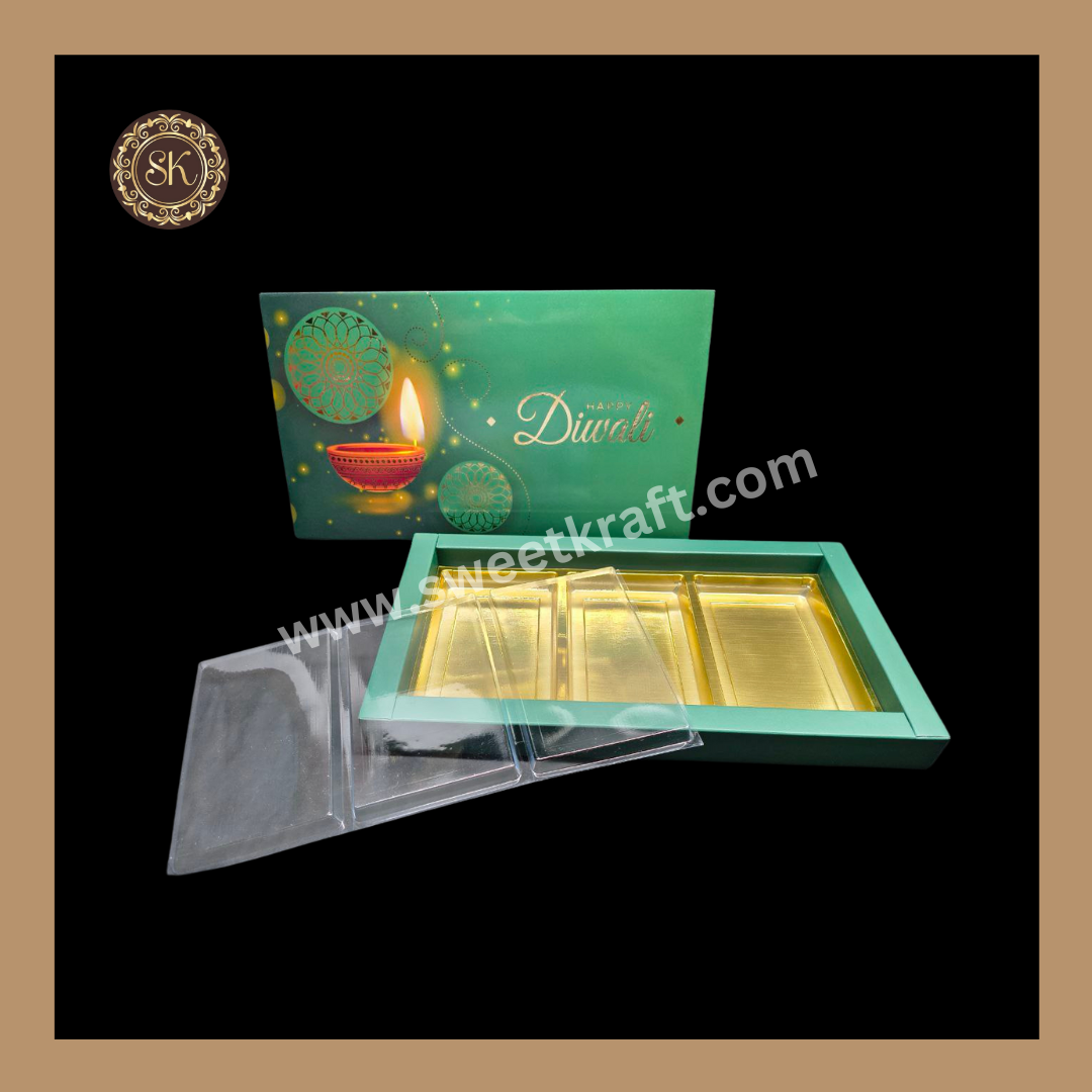 18 Partition Diwali Box | Mithai Box | Happy Diwali | Golden Cavity Box | Chocolate Box | Gift Box | Green Colour - (With Cavity Lid Cover)