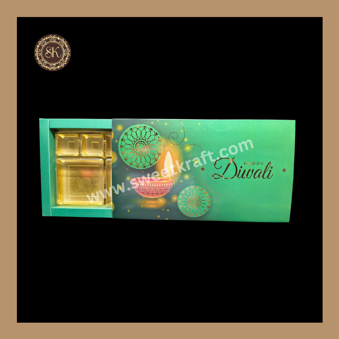 18 DC Diwali Box | Mithai Box | Happy Diwali | Golden Cavity Box | Chocolate Box | Gift Box | Green Colour - (With Cavity Lid Cover)
