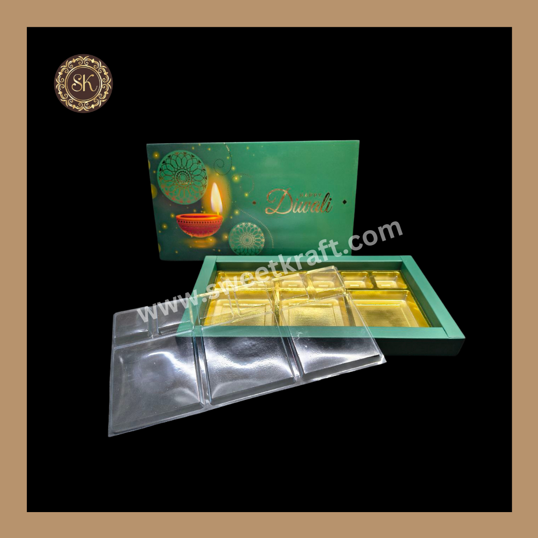 18 DC Diwali Box | Mithai Box | Happy Diwali | Golden Cavity Box | Chocolate Box | Gift Box | Green Colour - (With Cavity Lid Cover)