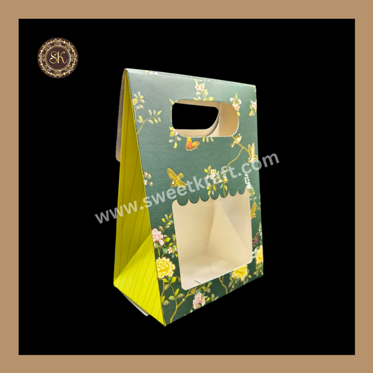 1 Flower Print Window Jar Bag With Handle | Jar Bag | Chocolate Bag | Cookie Bag | Gifting Bag | Green Colour