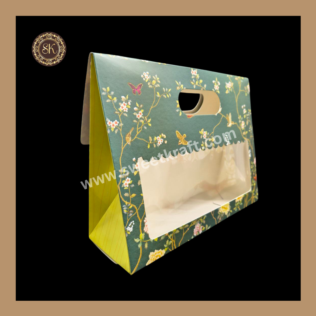 3 Flower Print Window Jar Bag With Handle | Jar Bag | Chocolate Bag | Cookie Bag | Gifting Bag | Green Colour