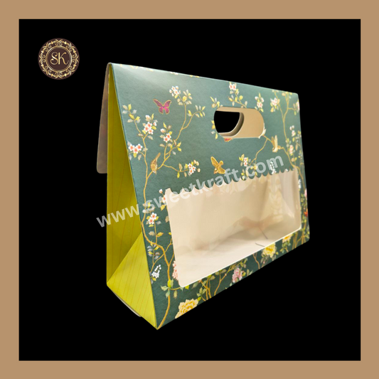 3 Flower Print Window Jar Bag With Handle | Jar Bag | Chocolate Bag | Cookie Bag | Gifting Bag | Green Colour