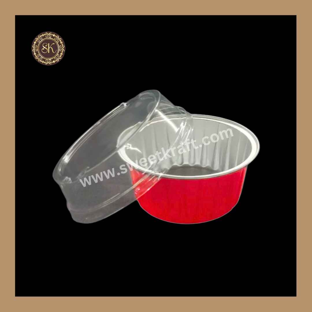 Round Foil Container | Dessert Foil Containers | Alunimium Foil Container With Lid Cover | Color - Red | Pack Of -10pcs, 50pcs & 100pcs