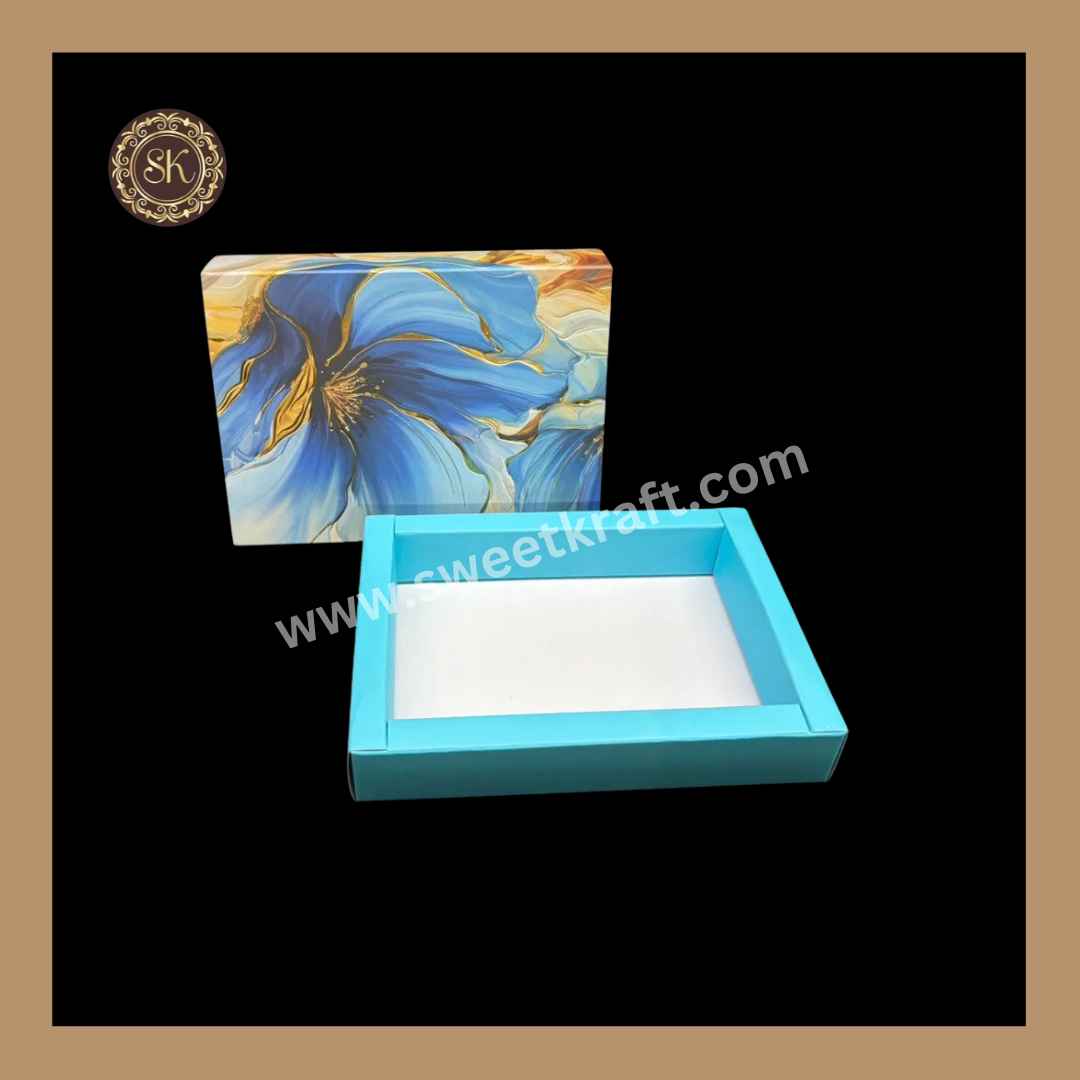 6 Cavity Floral Print Box | 6 Cavity Box | Chocolate Box | Gift Box | Mithai Box | Blue - (Only Box)