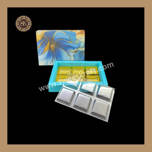 6 Cavity Floral Print Box | 6 Cavity Box | Chocolate Box | Gift Box | Mithai Box | Blue - (With Cavity & Lid Cover)