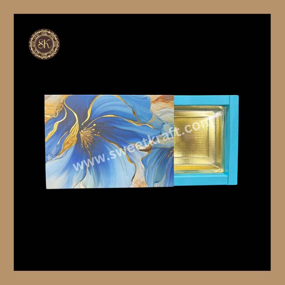 6 Partition Floral Print Box | 6 Cavity Box | Chocolate Box | Gift Box | Mithai Box | Blue - (With Cavity & Lid Cover)