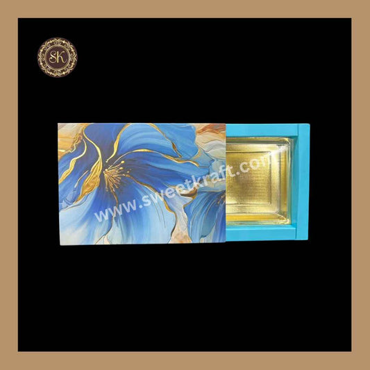 6 Partition Floral Print Box | 6 Cavity Box | Chocolate Box | Gift Box | Mithai Box | Blue - (With Cavity & Lid Cover)