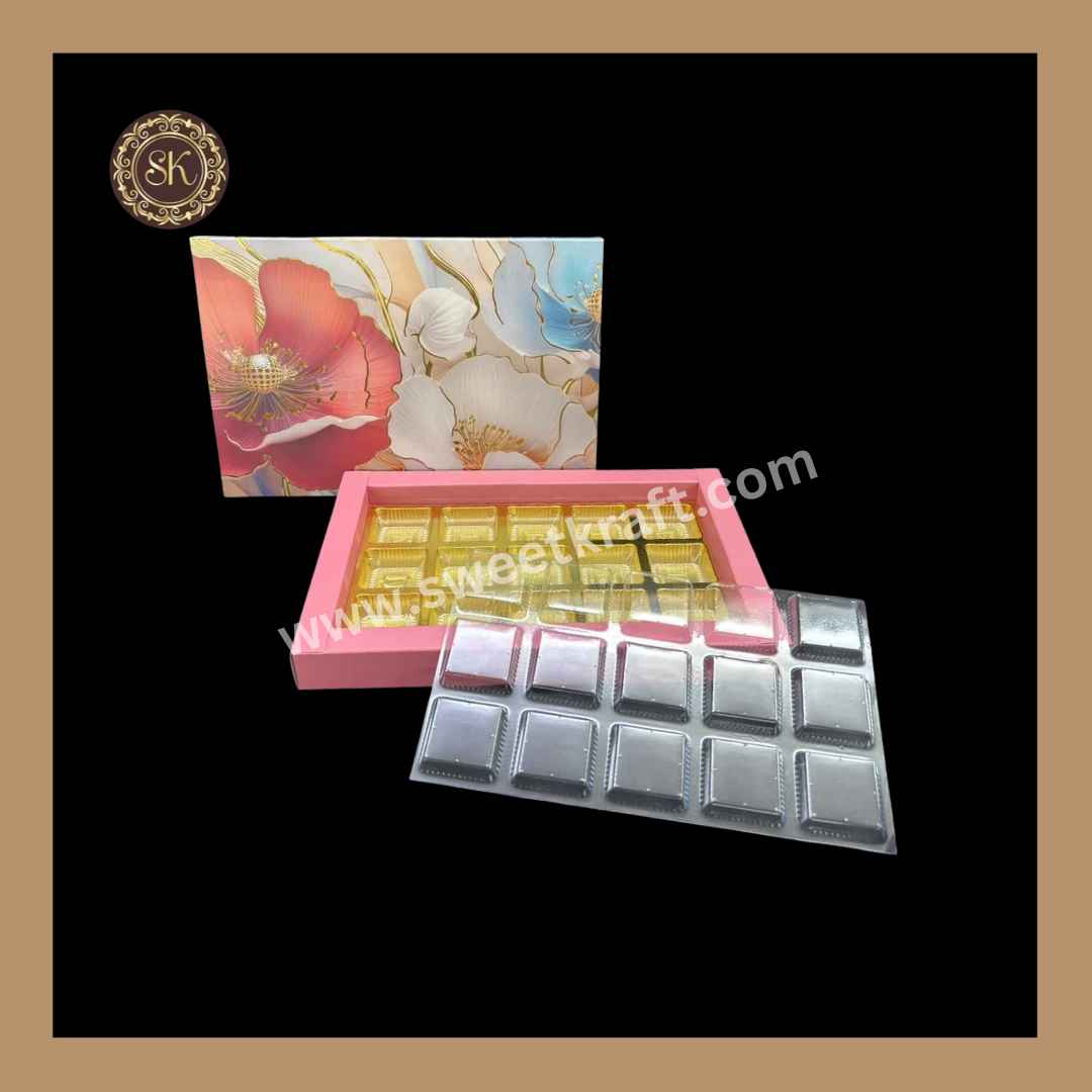 15 Cavity Floral Print Box | 15 Cavity Box | Chocolate Box | Gift Box | Mithai Box | Pink- (With Cavity & Lid Cover)