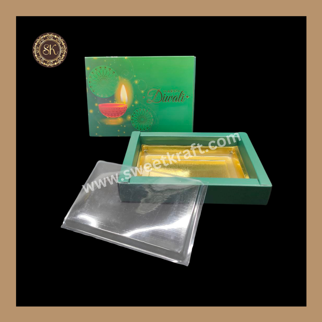 6 Partition Diwali Box | Mithai Box | Happy Diwali | Golden Cavity Box | Chocolate Box | Gift Box | Green Colour - (With Cavity & Lid Cover)