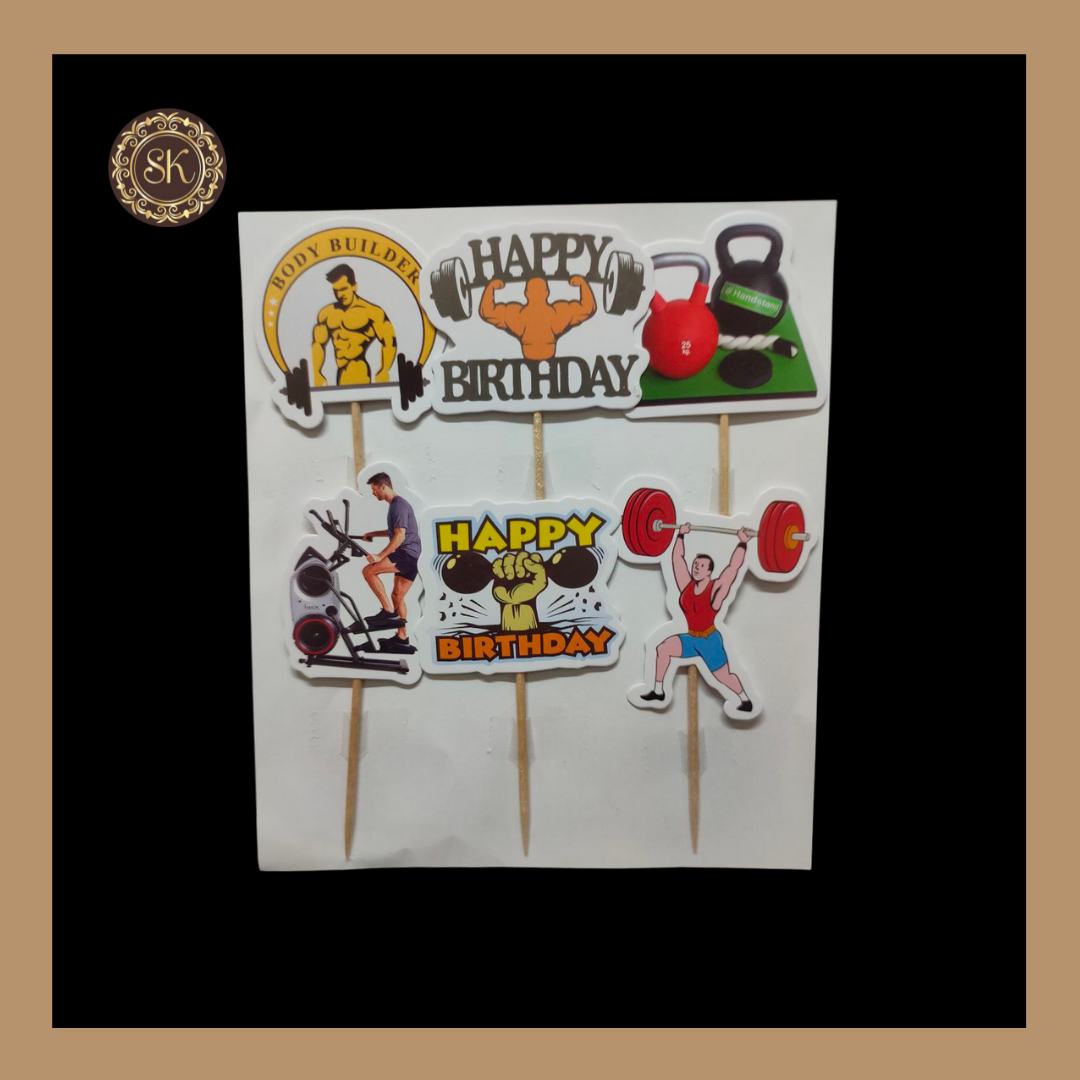 Theme Cake Toppers - 6pcs, Happy Birthday Cake Toppers | Party Cake Toppers | Gym Cake Toppers.1053 Sweetkraft | Baking supplies