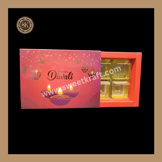 6 Cavity Diwali Box | Mithai Box | Happy Diwali | Golden Cavity Box | Chocolate Box | Gift Box | Red Colour - (With Cavity & Lid Cover)