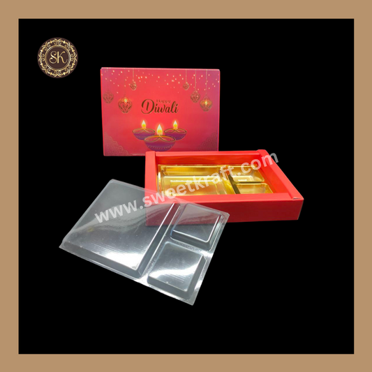 6 DC Diwali Box | Mithai Box | Happy Diwali | Golden Cavity Box | Chocolate Box | Gift Box | Red Colour - (With Cavity & Lid Cover)