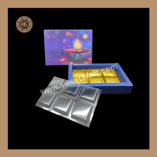 6 Cavity Diwali Box | Mithai Box | Happy Diwali | Golden Cavity Box | Chocolate Box | Gift Box | Blue Colour - (With Cavity & Lid Cover)