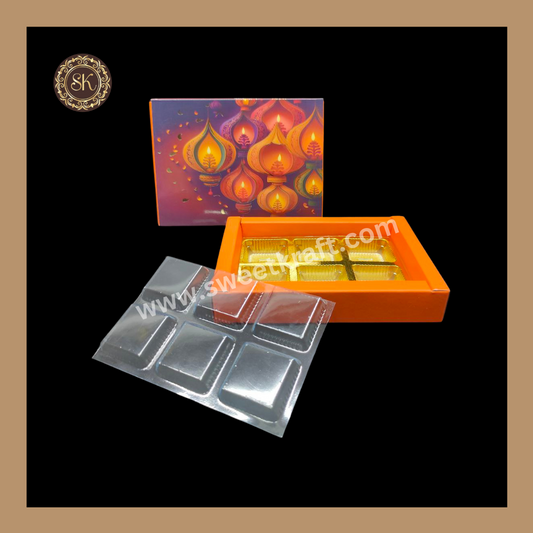 6 Cavity Diwali Box | Mithai Box | Happy Diwali | Golden Cavity Box | Chocolate Box | Gift Box | Orange Colour - (With Cavity & Lid Cover)