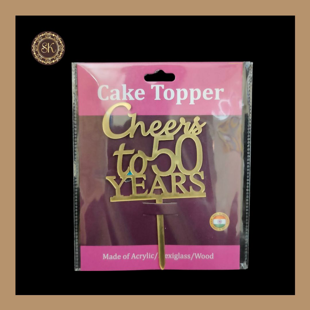 Cheers to 50 Years Cake Topper | Acrylic Cake Topper | Cake Topper 4 inch | Pack of 5 - Golden Colour (T.No.053)