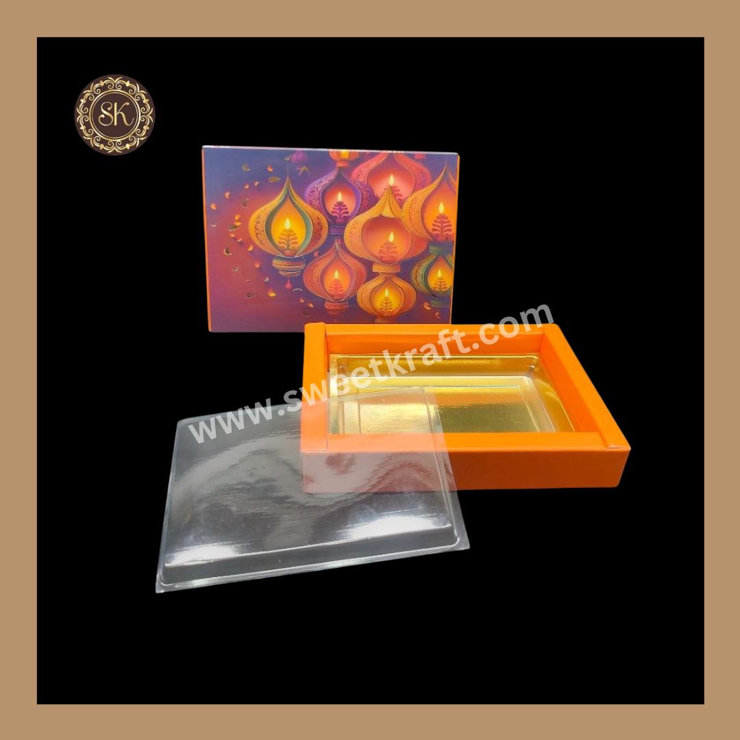 6 Partition Diwali Box | Mithai Box | Happy Diwali | Golden Cavity Box | Chocolate Box | Gift Box | Orange Colour - (With Cavity & Lid Cover)