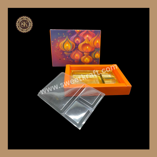 6 DC Diwali Box | Mithai Box | Happy Diwali | Golden Cavity Box | Chocolate Box | Gift Box | Orange Colour - (With Cavity & Lid Cover)