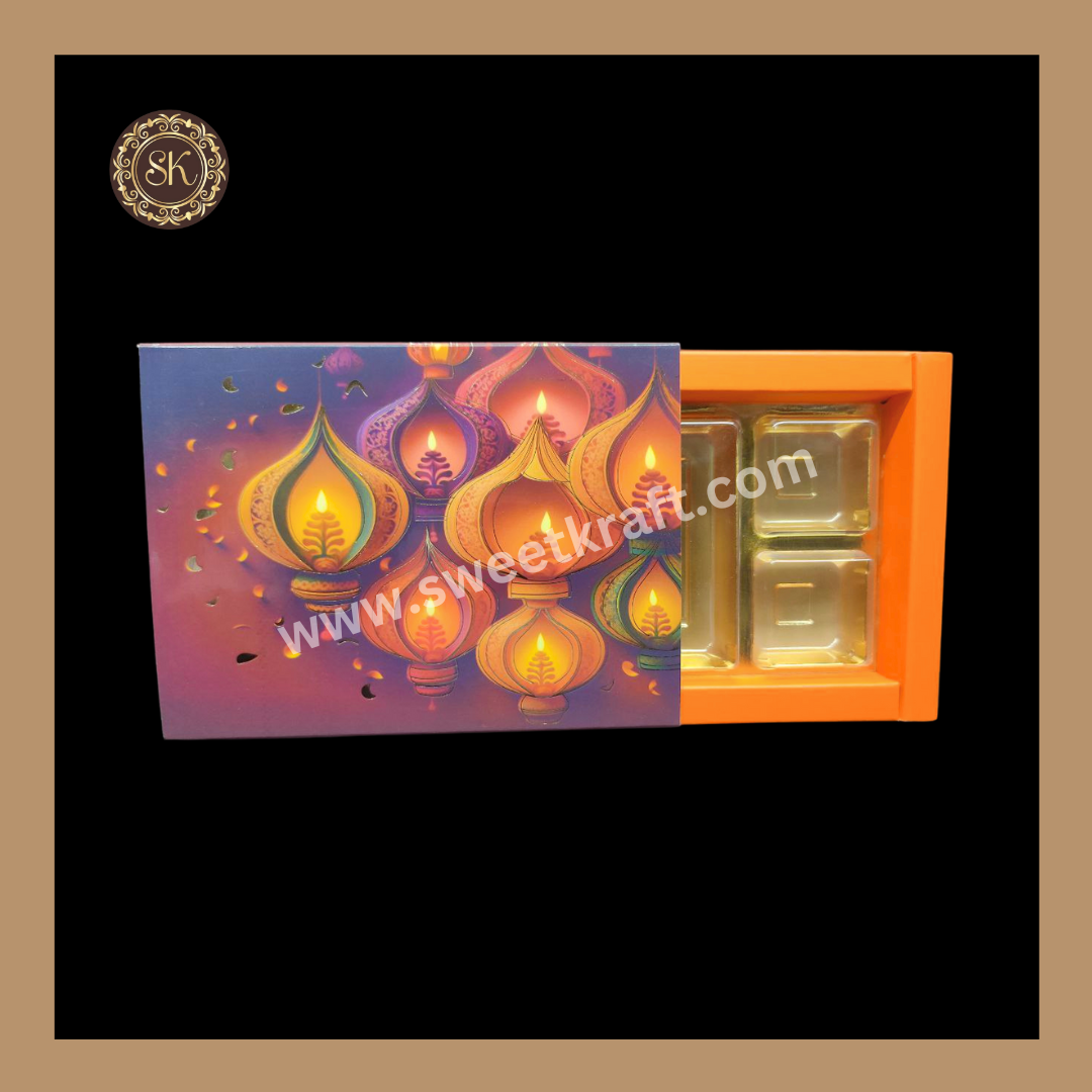 6 DC Diwali Box | Mithai Box | Happy Diwali | Golden Cavity Box | Chocolate Box | Gift Box | Orange Colour - (With Cavity & Lid Cover)