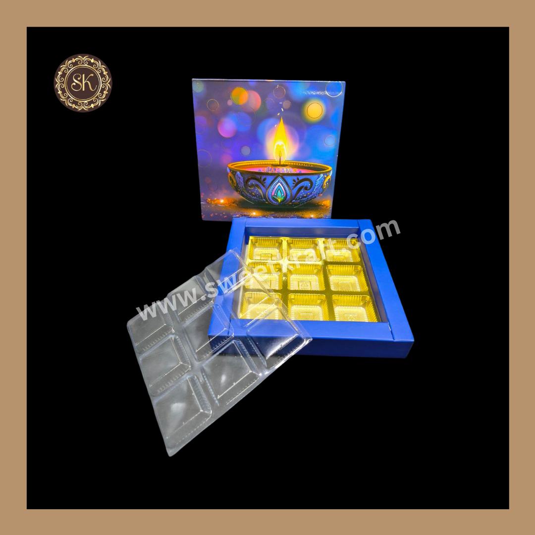 9 Cavity Diwali Box | Mithai Box | Happy Diwali | Golden Cavity Box | Chocolate Box | Gift Box | Blue Colour - (With Cavity & Lid Cover)