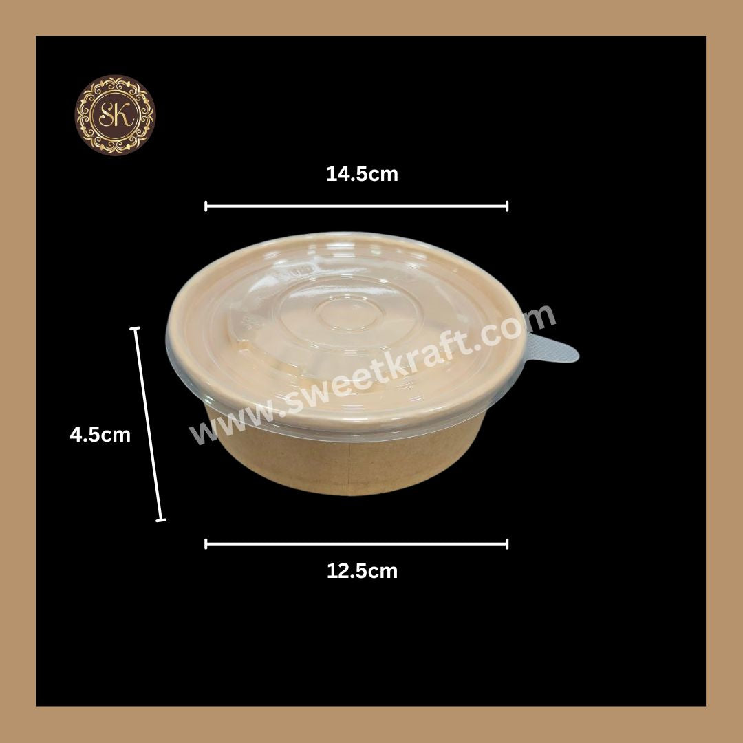 Kraft Salad Bowl With Paper Lid Cover | Paper Bowl | Kraft Paper Container | 150 Diameter PP Lid Olive Brand - 500ml