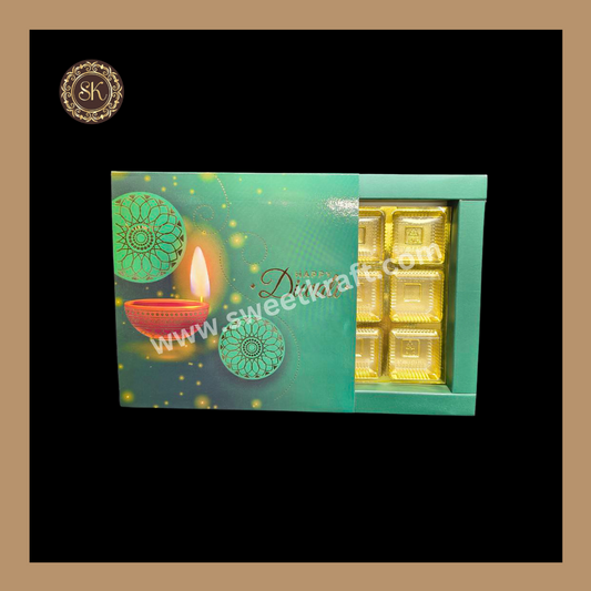 9 Cavity Diwali Box | Mithai Box | Happy Diwali | Golden Cavity Box | Chocolate Box | Gift Box | Green Colour - (With Cavity & Lid Cover)