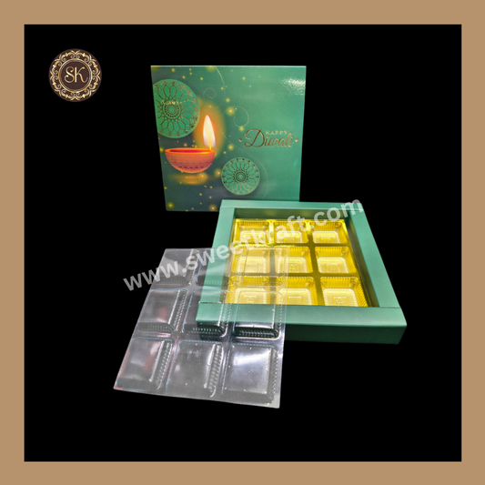 9 Cavity Diwali Box | Mithai Box | Happy Diwali | Golden Cavity Box | Chocolate Box | Gift Box | Green Colour - (With Cavity & Lid Cover)