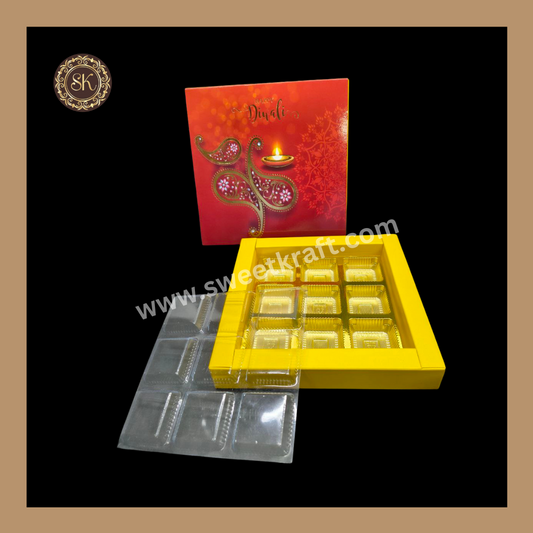 9 Cavity Diwali Box | Mithai Box | Happy Diwali | Golden Cavity Box | Chocolate Box | Gift Box | Yellow Colour - (With Cavity & Lid Cover)